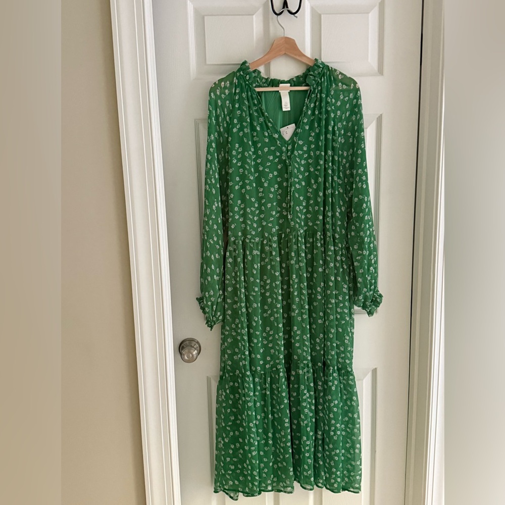 H&M Floral Flounce Green Chiffon Long Sleeve Maxi Dress sz M
